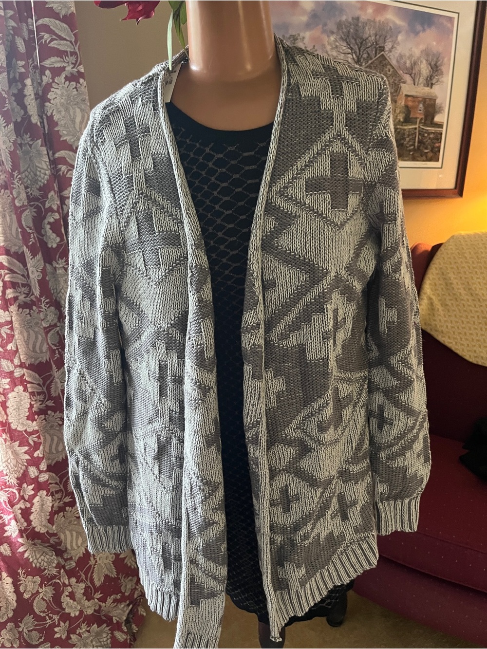 La Hearts Gray and Cream Open-Front Aztec Cardigan Sweater